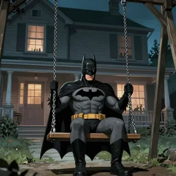 Batman sad sitting on a swing in front of his home, 8k