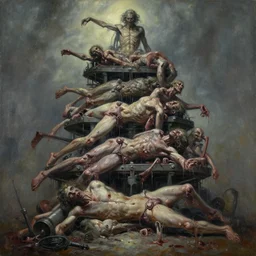 oil paint of flayed god machines in tiers, fast rotting, by alberto bontempi, alex ross, shigeru komatsuzaki, wayne d barlowe, stefano tamburini, narrative light, muted colors, epic, hyper detailed, awe inspiring, award winning horror, narrative lighting, hyper realism, cinematical