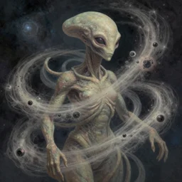 a shapeless extraterrestrial arcturians made of space and time, weaving dust of predetermination and a state of utter confusion across the universe, muted colors, fantasy illustration, digital art