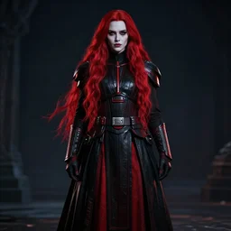 lily - rose depp as sith warrior, determined, powerful, pale makeup, long flowing bright red hair, wearing black and red imperial sith military robes, full body portrait, centered composition, unreal engine render, 8 k, hypermaximalist, extremely detailed, cinematic, nighttime, dark lighting