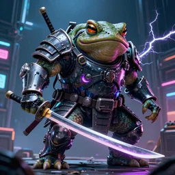 a wide shot, photo of a huge wide humanoid toad-man with a katana, in a heavy futuristic armour without a helmet, toad head, hyper realistic, hyper detailed, coherent photo, trending on artstation, cyberpunk, Japanese style, volumetric lightning, neon, electric colours, Filmic, Cinematic, Dramatic, Film Grain, Kodak Portra, Depth of Field, 15 mm octane render, 4k, raytracing, blender