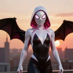 Marvel Comics SpiderGwen, bats, sunset, volumetric lighting, hyperrealistic, beautiful details, HDR, octane render, action shot, wide angle, bokeh, Yasushi Niarasawa Moebius Jim Steranko John Byrne Style