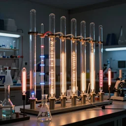 a mad alchemist's lab 🧪🧫 interconnected glass tubes backlit by edison bulbs, leds, and nixie tubes