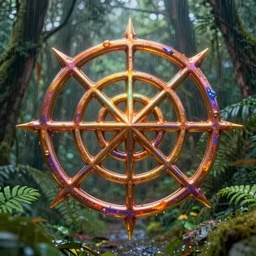 sacred geometry symbols, made out of molten metal, floating in rainforest, by h. r. giger,, hyper realism, high detail, vivid colors, octane render, unreal engine, 8 k, smooth gradients, high contrast, depth of field by jacek yerka