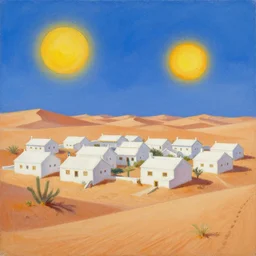 a beautiful painting of a village in the desert, white houses, two suns, cowboy bebop