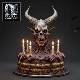 a cake with candles and a horned head on top of it, a surrealist sculpture by bridget bate tichenor, zbrush central contest winner, gothic art, grotesque, cosmic horror, demonic photograph