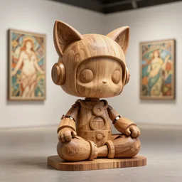 3D octane render ultra 8K photorealistic hyperdetailed unreal engine ,a wooden sculpture ,art toys on feet ,very cute robot mystic with bird and cat ears heroic pose ,zen meditation ,cyberpunk ,concept art ,trending on cgsociety ,artwork masterpiece , a on contemporary art gallery and néo Paris ,by Alphonse Mucha