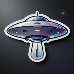 holographic sticker of an ufo in space, iridescent colors, vector art
