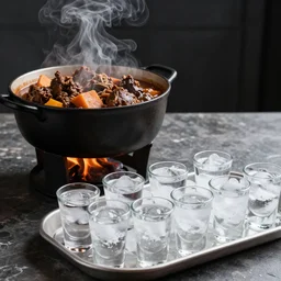 photo realistic, hot smoking pot of cholent next to a tray full of ice cold chilled shot glasses of vodka