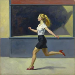 israeli salsa vendor, blond girl with different colored shoes running, oil on canvas by edward hopper