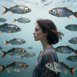 long shot photo of fishes swimming around woman, highly detailed, photorealistic, reflections, smooth, sharp focus, concept art, illustration, beautiful, geometric, trending on artstation, cinematic, featured on behance , artwork by WLOP and Tran, Ross