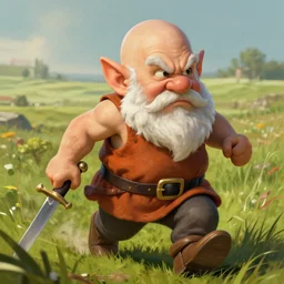 a hyperrealism portrait of a bald gnome with big white beard holding a dagger and bomb running through a field looking angry., vibrant color scheme, highly detailed, in the style of romanticism, cinematic, artstation, moebius, greg rutkowski