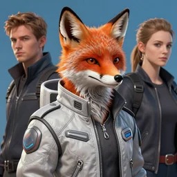 hyperdetailed anthropomorphic fox wearing a pale gray sci fi flight jacket, forced perspective shot, unreal engine, digital painting, vivid colors, vibrant colors, sharp focus illustration, artstation hq. intricate, elegant, medium shot, art by artgerm and justin gerard and magali villeneuve