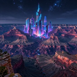 the Grand Canyon filled with glowing futuristic cyberpunk skyscrapers at night with a starry sky, fantasy, neon lights, james gurney, katsuhiro otomo, james paick, cinematic lighting, artstation, vibrant nature, anime style, Craig Mullins, Greg Rutkowski, Pete Morbacher, Tuomas Korpi, tekkon kinreet, volumetric light, artstation, octane render, redshift render, hyperrealism, photorealistic concept art, highly detailed