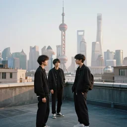 a small rooftop with a couple of modern teenagers, standing and talking to each other, clear portrait realistic, wearing black modern clothes, modern shanghai bund is on the background, dust, sunset, by gregory crewdson, by hajime sorayama