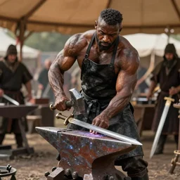 a muscular dwarf blacksmith, shirtless, with full length blacksmith apron!!!!!, swinging hammer down forging a sword on an iron anvil, cinematic, medieval, renaissance festival, realistic, tabletop miniatures!!!!!!!, product photos!!!!!! by greg rutkowski, craig mullins, archvillain, blizzard, hearthstone, wotc