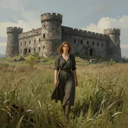 a highly detailed matte painting of a woman standing in front of an abandoned walking fortress in a tall grass field, Simon Stalenhag, featured on Artstation.