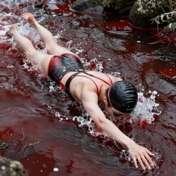 maiko swiming in a bloody river, fluent composition, red white and black, concept art, ambient light, 4 k, intricate details, highly professionally detailed, cgsociety, highly detailed -