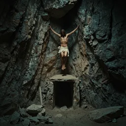 Jesus Christ rising out from a tomb in a cliff side, cinematic perspective, movie shot, 8k, full hd