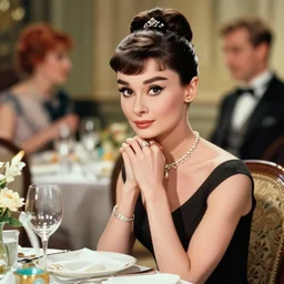 photography of audrey hepburn in breakfast at tiffany's, deep focus, intricate, elegant, highly detailed, digital painting, artstation, concept art, matte, sharp focus, illustration, art by artgerm and greg rutkowski and alphonse mucha