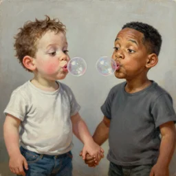 Will Smith and Chris Rock As Short Midgets Holding Hands And Blowing Bubbles, illustration, soft lighting, soft details, painting oil on canvas by Edmund Blair Leighton and Charlie Bowater octane render, HDR, trending on artstation, 4k, 8k, HD