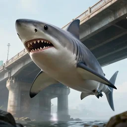 giant monstrous shark under a bridge, realistic, 8 k, extremely detailed, cgi, trending on artstation, hyper - realistic render, 4 k hd wallpaper, premium prints available, by greg rutkowski