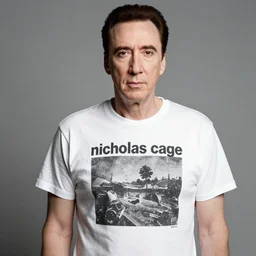 sharp portrait of nick cage wearing a tshirt with nicholas cage print of aperture 1. 2, by evelyn de morgan