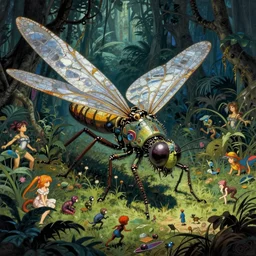 realistic giant dragonlfy insect with few element of cyberpunk armor attacking tiny creatures in jungle, by moebius!!!!, alphonse mucha, ayami kojima, amano, greg hildebrandt, and mark brooks, art nouveau, cyberpunk, neo - gothic, cinematic view!!!, dynamic lighting, night