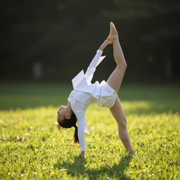 An origami girl doing acrobatic contemporary dance, dramatic lighting, with bokeh effect in a sunny meadow