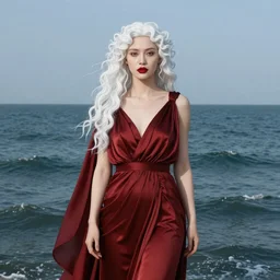 an albino woman, the ancient roman goddess of wisdom and war with red lips, with curls of long white hair, standing in the middle of the ocean, in a garnet dress by lee alexander mcqueen, very beautiful style, photorealism, edgard maxens 8 k