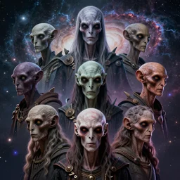 8 k headshot portrait of scary godlike annunaki masters, beautiful galaxy background by craig mullins, ilya kuvshinov, krenz cushart, epic, artgerm trending on artstation by edward hopper and dan mumford and wlop and rutkovsky, beksinski carl spitzweg moebius and tuomas kocar, intricate artwork by caravaggio, unreal engine 5,