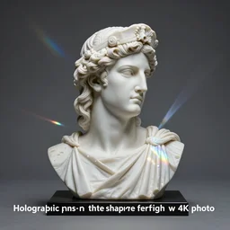 “Holographic prism in the shape of a a Greek God Apollo, refraction, light rays shining through, 4k photo”