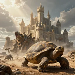 large fantasy castle covering the top of the giant tortoise moving across harsh wasteland with sharp rays of sunlight, mortal engines howls moving castle, distant - mid - shot, fantasy, hyper detailed, 4 k
