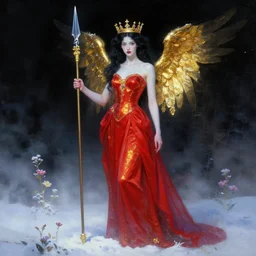 a tall pale woman with very black hair with a spear in her hand and a crown on her head, red dress, snow landscape with flowers, painting, digital art, light art, neon, triadic - colors, tones of black in background, high contrast, 2. 5 d, angelic, shiny, soft body, damascus steel, gold, snow, fog, mist, by gustav klimt