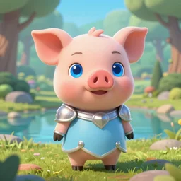 very cute and adorable little piggy knight, big beautiful blue eyes, piglet, fantasy forest landscape, lake, pale blue outfit, pretty, semi realistic, hyper detailed, 8k, Behance, Pokemon, Artstation, trending on artstation, art of silverfox, Yee Chong Silverfox, Sydney Hanson, Sofya Emelenko, Elina Karimova