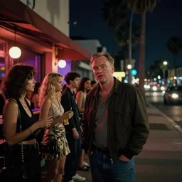 a medium shot of a line of people outside of a trendy nightclub at midnight, palm trees on the street, directed by christopher nolan