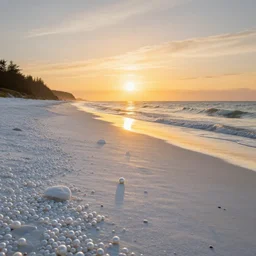 beautiful white pearl beach at sundown, golden hour, long shadows,Ivan Aivazovsky, Christopher Balaskas, Noah Bradley, Albert Bierstadt, Jim Burns, Edwin Church, Frederic Thomas Cole, Brown Durand, Asher David Friedrich, Caspar James Gurney, Johnson Heade, Martin Raphael Lacoste, Ted Nasmith, Andreas Rocha, Christophe Vacher