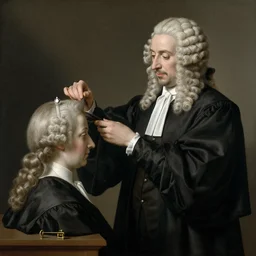 judge in judge's wig is making a haircut to another judge with a wig, by maria sibylla merian