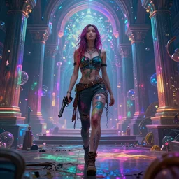 Extreme long Shot of psychodelic Ellie(walking dead) in mysterious chromatic astral temple  standing with pistol   , beautiful, dmt, trending on artstation, omnious, soft, hypermaximalistic, high details, cinematic, 8k resolution, artwork by Wong, Liam