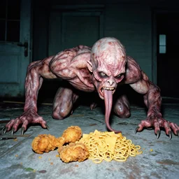 licker, resident evil, 1 9 9 3, disposable camera, flash, abandoned house, humanoid creature, crawling, : muscle, long tongue, teeth, claw, brain, fried chicken, noodle, cheese, veins, wet