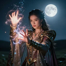 closeup of a very good looking fantasy sorceress wearing amazing detailed clothes using her hands to create magical energy dramatically on an empty moonlit hill, dramatic lighting, lens flare, 3 5 mm f 1. 4, professional photography, kodak ektar