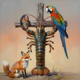 painting of cross between lobster & parrot & fox, intercrossed animal, by zdzislaw beksinski, by tiffany bozic, logical anatomy, cold hue's, warm tone gradient background, concept art, beautiful composition, digital painting,
