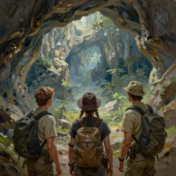 three explorers looking for the answers to life's greatest riddles inside the cave of wonders, oil paint on canvas