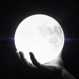 a hand grabbing a perfectly circular white orb that emits dark light, decayed, glitchart, epic, black and white with purple highlights
