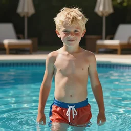 blond boy in shorts at a swimming pool. photo.