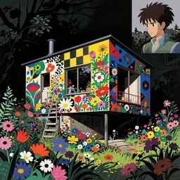 ( ( gediminas pranckevicius ) ) house by kengo kuma, art by syd mead, malevich and makoto shinkai, very coherent, sharp, colorful high contrast, dark shadows, hard lighting, floralpunk flower garden, inking etching screen print paper cutout collage, anime outline