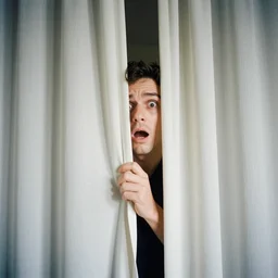 a frightened man peeks through a curtained window, Kodak Ektar 100 film