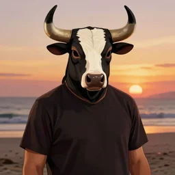 human wearing a bull mask in the style of gta v artwork, digital art, sunset, sharp focus, classical painting, beach