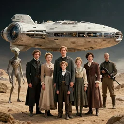 sharp, still from a sci fi blockbuster color movie made in 2022, set in 1860, of a family standing in front of a spaceship that has just landed on an alien planet, a humanoid alien creature stands nearby, the family are all wearing 1850s era clothes, 4k, in focus, extremely good quality lighting, good quality photography, A list cast, famous actors, famous actresses, oscar winner