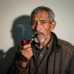 hyper realistic color photo, portrait of a single weathered old man smoking pipe, dramatic shadow!!, full colour, upscale, 8 k, masterpiece